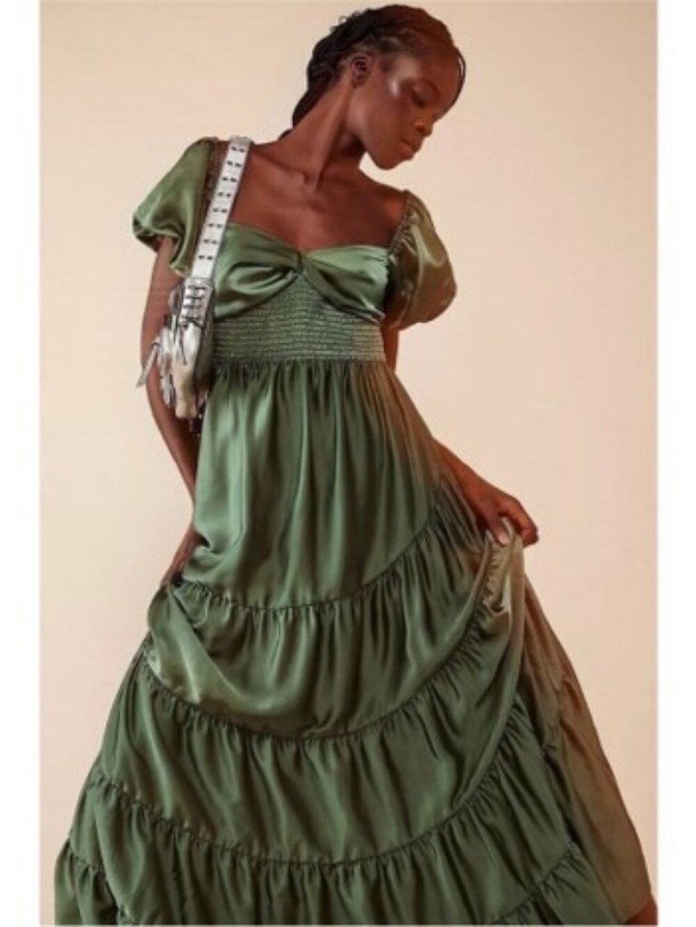 Free People Satin Olive Green Tiered Maxi Dress